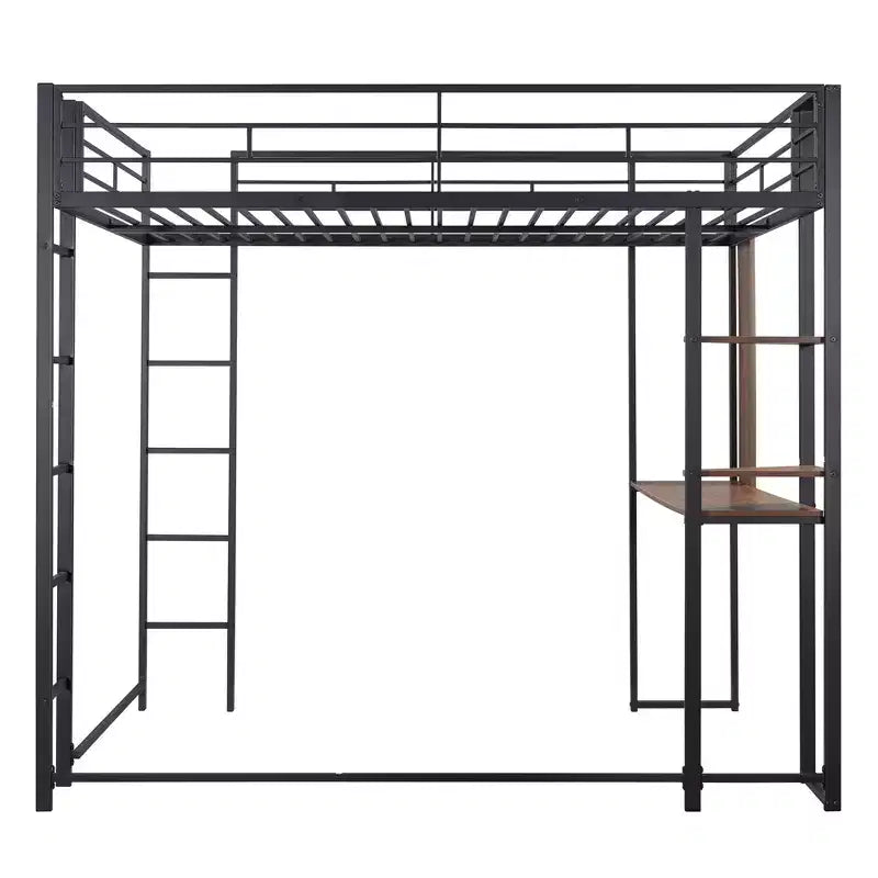 Bellemave Full Size Metal Loft Bed with 2 Shelves and one Desk ,Black