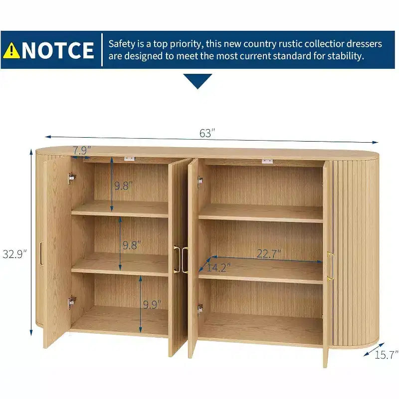 63 Modern Sideboard Buffet Cabinet, Fluted Accent Credenza with Curved Edges & Adjustable Shelves, Storage Console Table for Dining Room, Oak