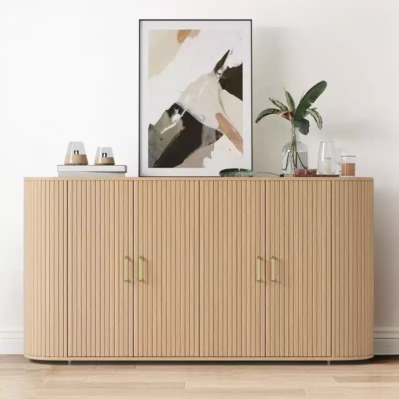 63 Modern Sideboard Buffet Cabinet, Fluted Accent Credenza with Curved Edges & Adjustable Shelves, Storage Console Table for Dining Room, Oak