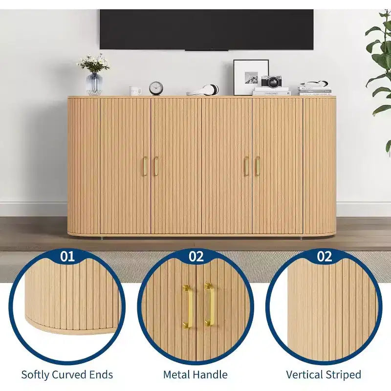 63 Modern Sideboard Buffet Cabinet, Fluted Accent Credenza with Curved Edges & Adjustable Shelves, Storage Console Table for Dining Room, Oak