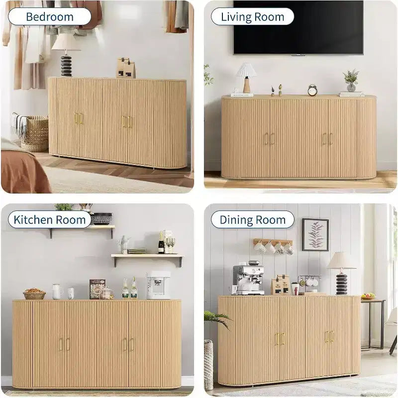 63 Modern Sideboard Buffet Cabinet, Fluted Accent Credenza with Curved Edges & Adjustable Shelves, Storage Console Table for Dining Room, Oak