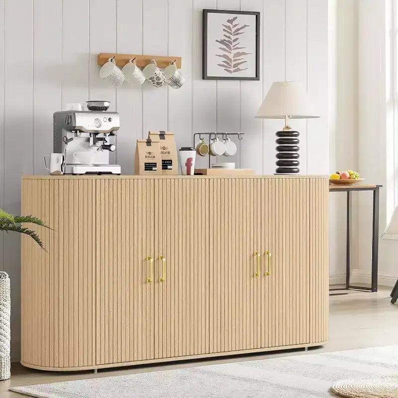 63 Modern Sideboard Buffet Cabinet, Fluted Accent Credenza with Curved Edges & Adjustable Shelves, Storage Console Table for Dining Room, Oak