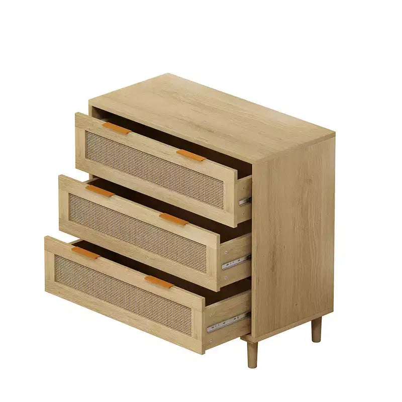 3-Drawer Chest of Drawers, Kitchen Storage Cabinet with 3 Deep Rattan Drawers, Buffet Cabinet with Iron Handle