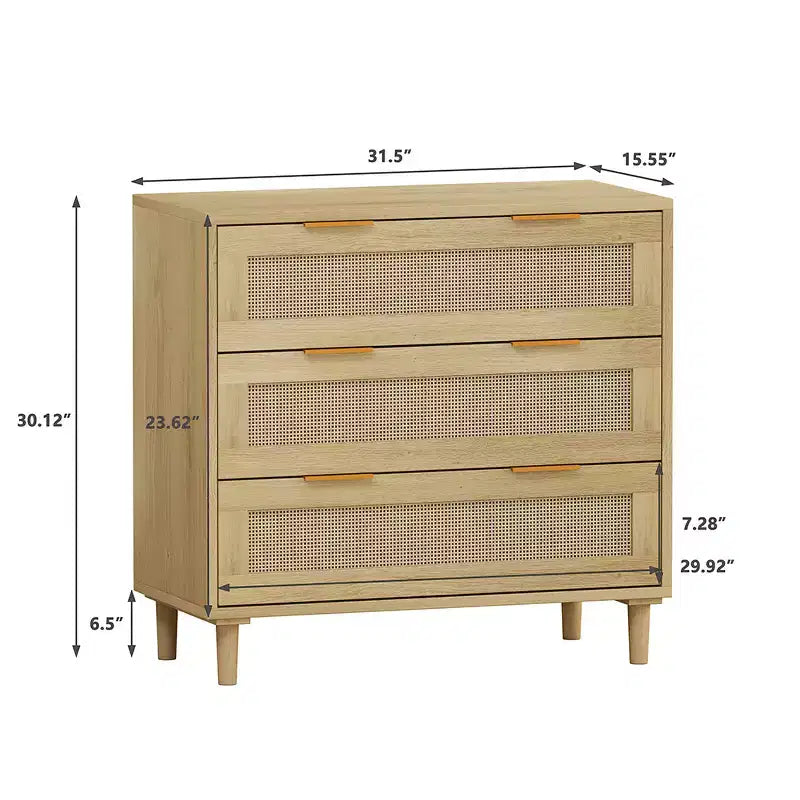 3-Drawer Chest of Drawers, Kitchen Storage Cabinet with 3 Deep Rattan Drawers, Buffet Cabinet with Iron Handle