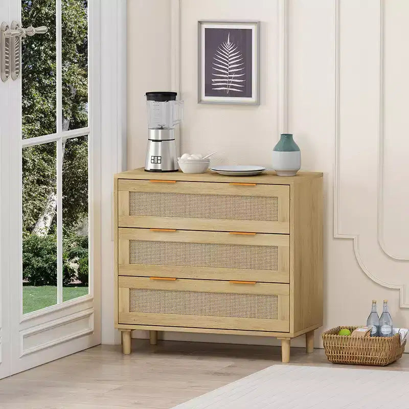 3-Drawer Chest of Drawers, Kitchen Storage Cabinet with 3 Deep Rattan Drawers, Buffet Cabinet with Iron Handle