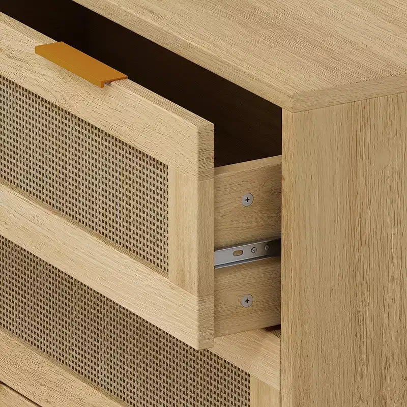 3-Drawer Chest of Drawers, Kitchen Storage Cabinet with 3 Deep Rattan Drawers, Buffet Cabinet with Iron Handle