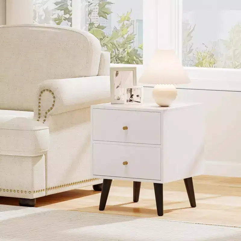 Costway 1/2 PCS Nightstand with 2 Drawer with Storage, Small Accent Table with Golden Knobs