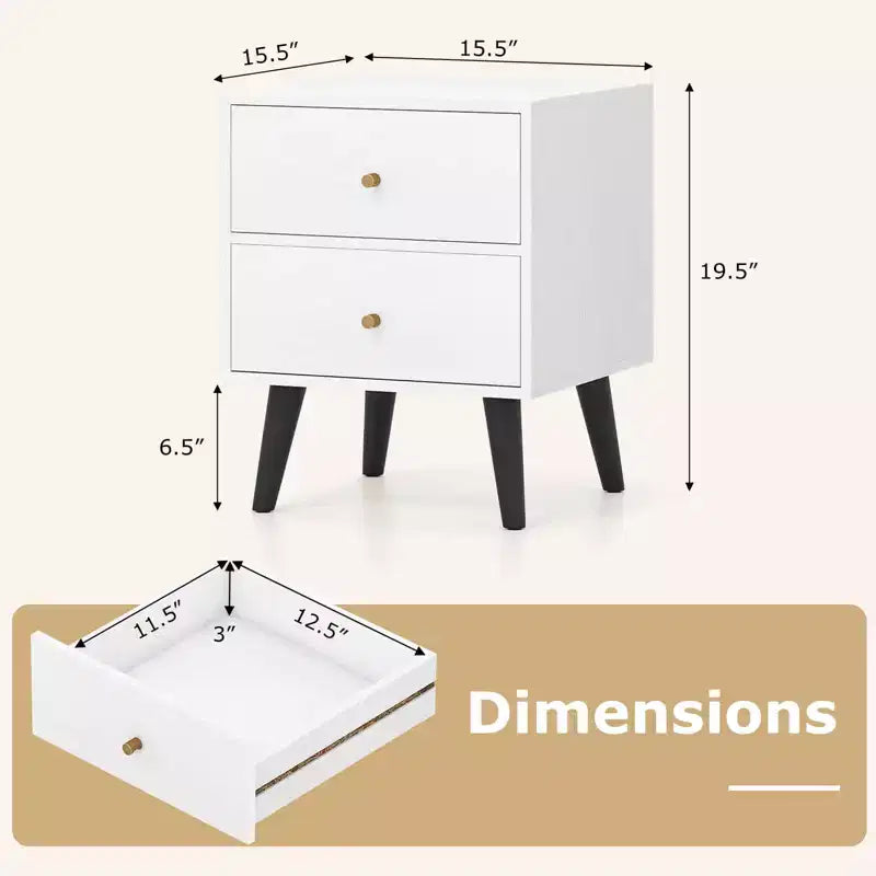 Costway 1/2 PCS Nightstand with 2 Drawer with Storage, Small Accent Table with Golden Knobs