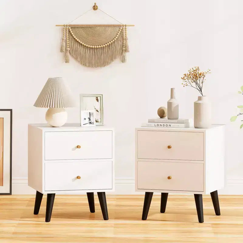Costway 1/2 PCS Nightstand with 2 Drawer with Storage, Small Accent Table with Golden Knobs