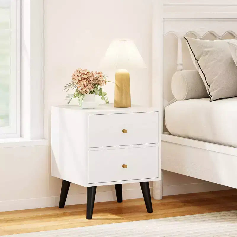Costway 1/2 PCS Nightstand with 2 Drawer with Storage, Small Accent Table with Golden Knobs