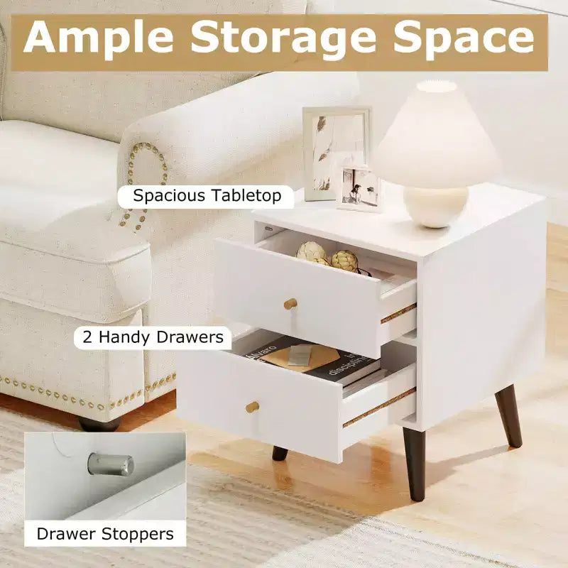 Costway 1/2 PCS Nightstand with 2 Drawer with Storage, Small Accent Table with Golden Knobs