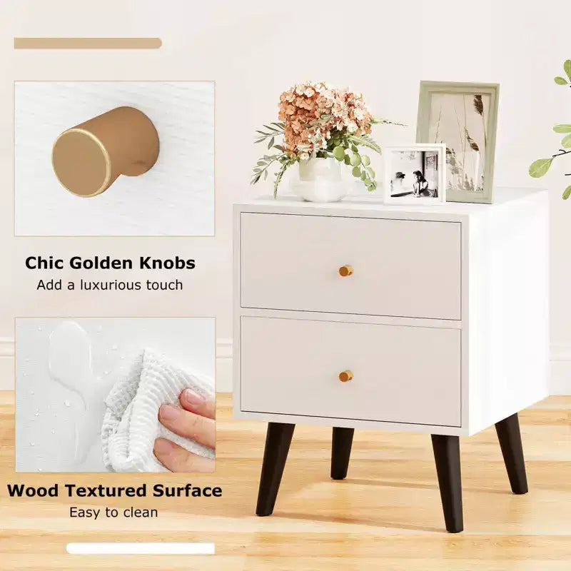 Costway 1/2 PCS Nightstand with 2 Drawer with Storage, Small Accent Table with Golden Knobs