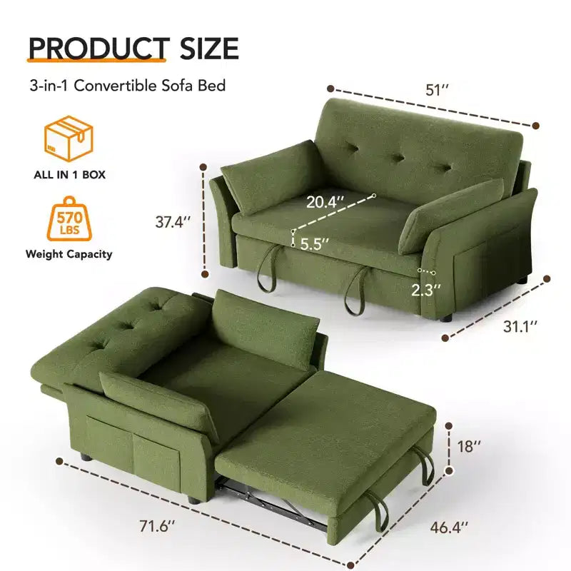 Dyonery Chenille Sleeper Sofa Bed, 3-in-1 Pull Out Loveseat with 5-Position Reclining Backrest, Side Pocket & Tool-Free Assembly