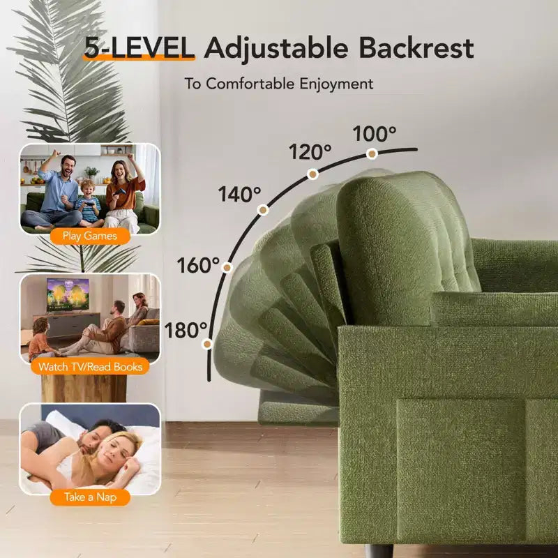 Dyonery Chenille Sleeper Sofa Bed, 3-in-1 Pull Out Loveseat with 5-Position Reclining Backrest, Side Pocket & Tool-Free Assembly