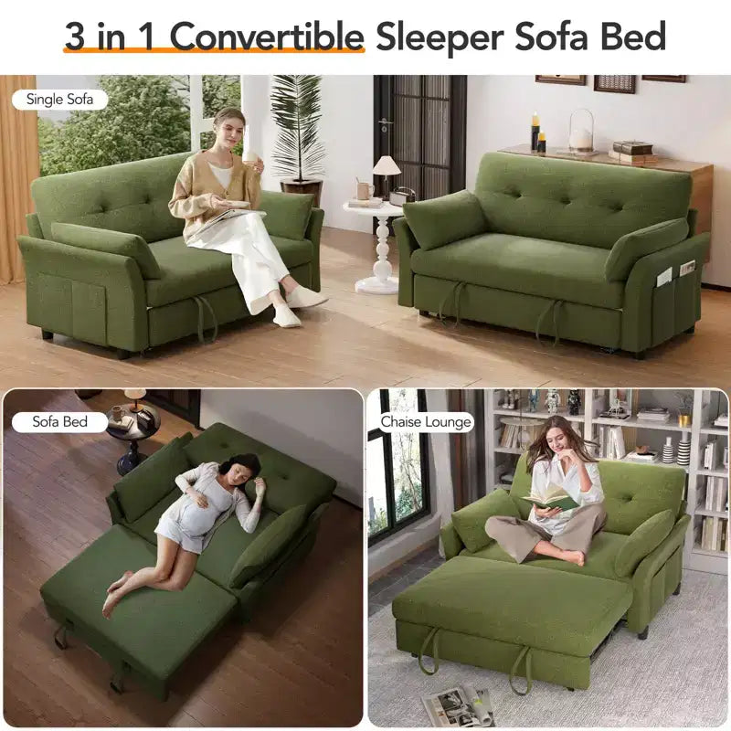 Dyonery Chenille Sleeper Sofa Bed, 3-in-1 Pull Out Loveseat with 5-Position Reclining Backrest, Side Pocket & Tool-Free Assembly