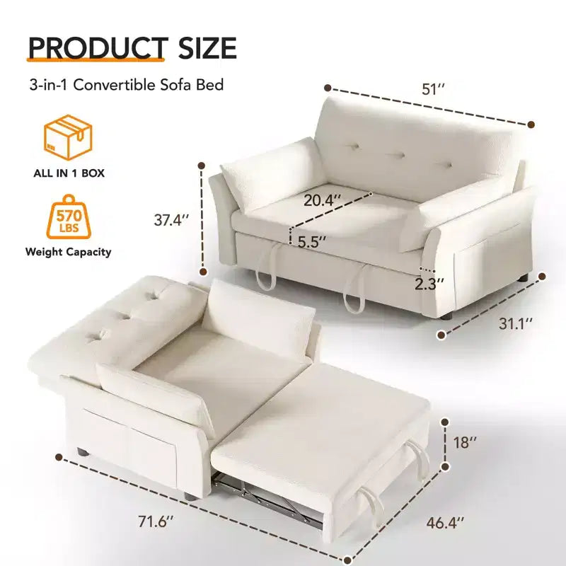 Dyonery Chenille Sleeper Sofa Bed, 3-in-1 Pull Out Loveseat with 5-Position Reclining Backrest, Side Pocket & Tool-Free Assembly