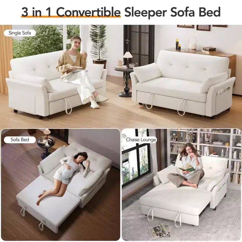 Dyonery Chenille Sleeper Sofa Bed, 3-in-1 Pull Out Loveseat with 5-Position Reclining Backrest, Side Pocket & Tool-Free Assembly