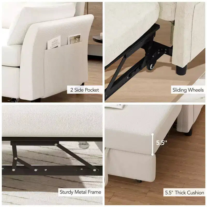Dyonery Chenille Sleeper Sofa Bed, 3-in-1 Pull Out Loveseat with 5-Position Reclining Backrest, Side Pocket & Tool-Free Assembly