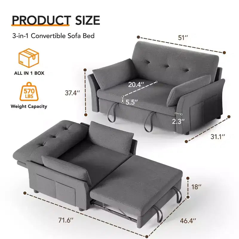 Dyonery Chenille Sleeper Sofa Bed, 3-in-1 Pull Out Loveseat with 5-Position Reclining Backrest, Side Pocket & Tool-Free Assembly
