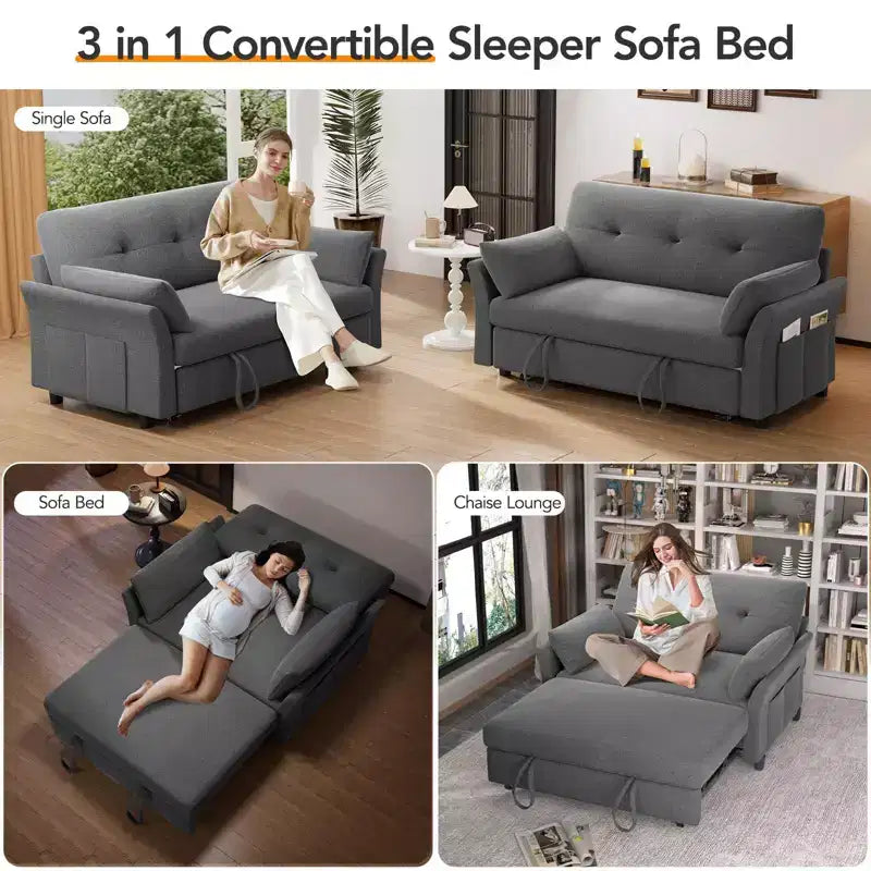 Dyonery Chenille Sleeper Sofa Bed, 3-in-1 Pull Out Loveseat with 5-Position Reclining Backrest, Side Pocket & Tool-Free Assembly