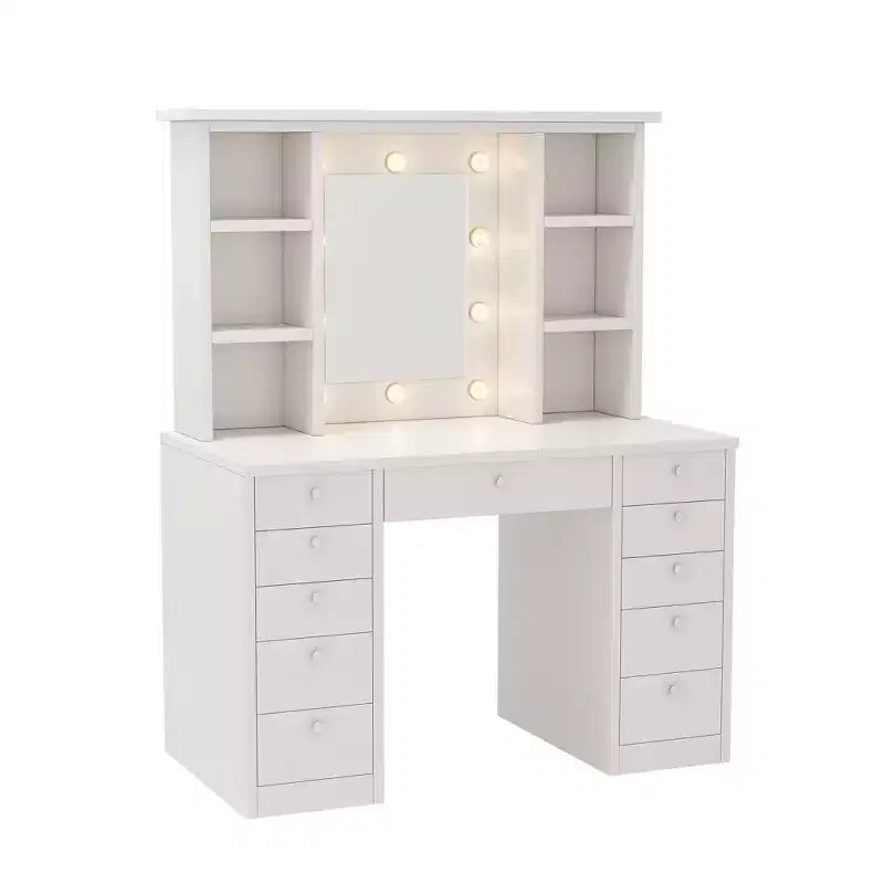 Makeup Vanity Table with 11 Drawers, Bedside Cabinet Vanity Desk with Touch Control Brightness Adjustable LED Mirror, Hidden Wiring