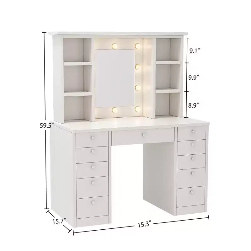 Makeup Vanity Table with 11 Drawers, Bedside Cabinet Vanity Desk with Touch Control Brightness Adjustable LED Mirror, Hidden Wiring