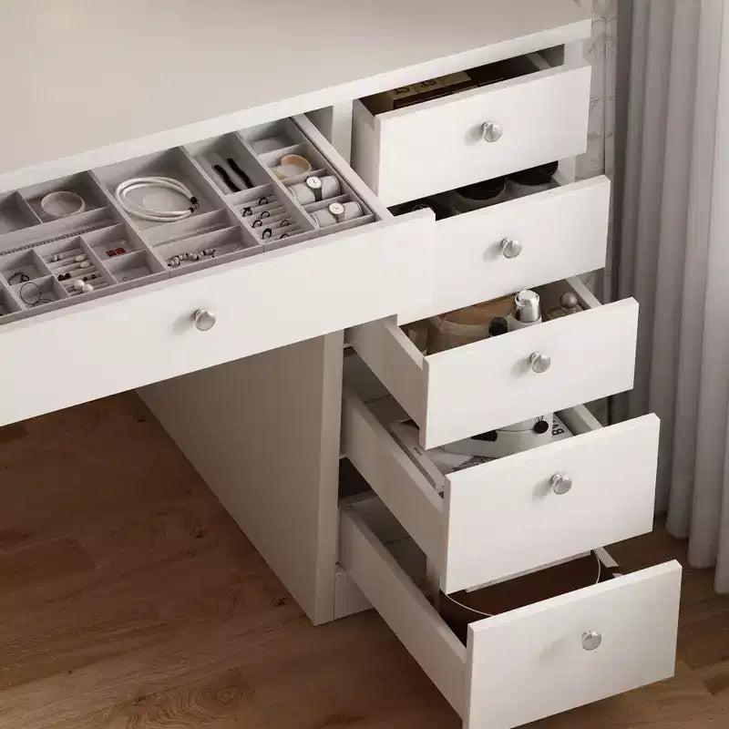 Makeup Vanity Table with 11 Drawers, Bedside Cabinet Vanity Desk with Touch Control Brightness Adjustable LED Mirror, Hidden Wiring