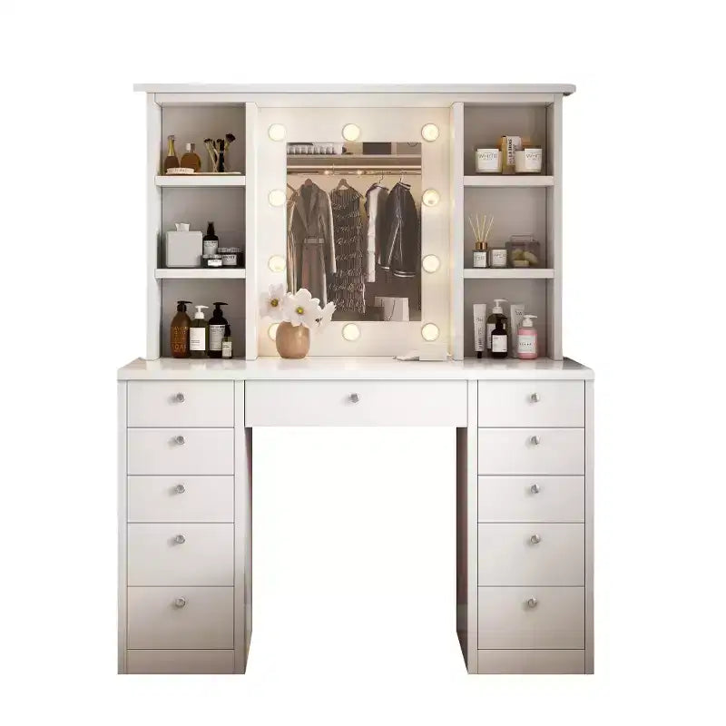 Makeup Vanity Table with 11 Drawers, Bedside Cabinet Vanity Desk with Touch Control Brightness Adjustable LED Mirror, Hidden Wiring