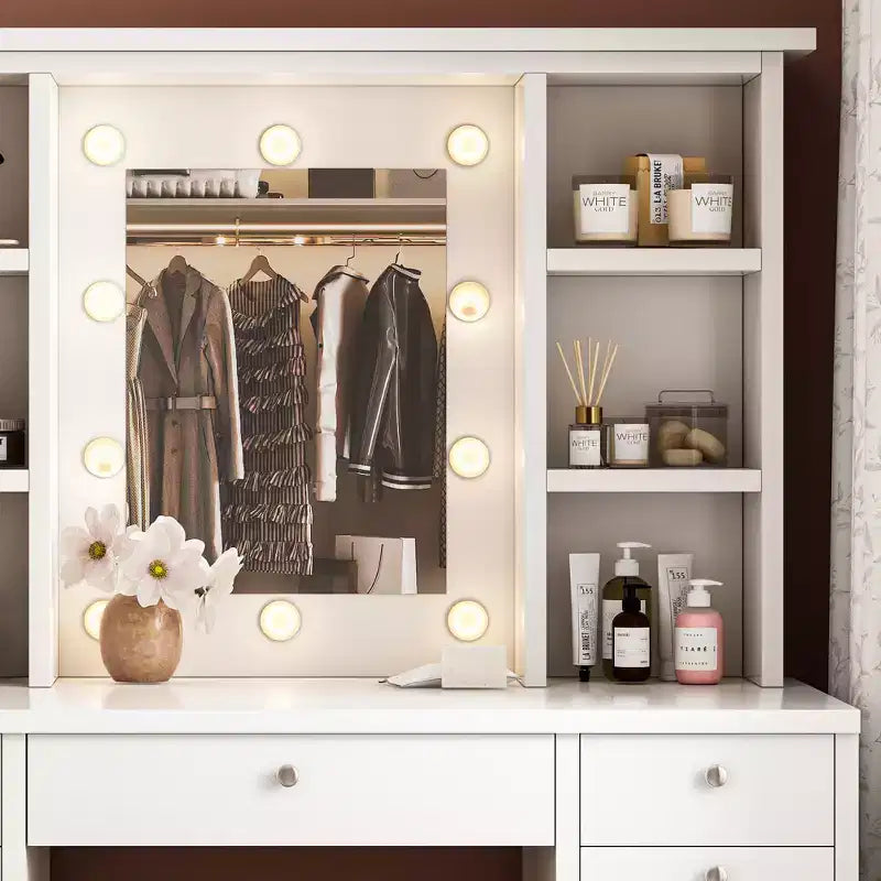 Makeup Vanity Table with 11 Drawers, Bedside Cabinet Vanity Desk with Touch Control Brightness Adjustable LED Mirror, Hidden Wiring