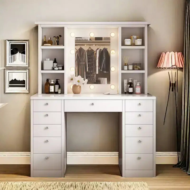 Makeup Vanity Table with 11 Drawers, Bedside Cabinet Vanity Desk with Touch Control Brightness Adjustable LED Mirror, Hidden Wiring