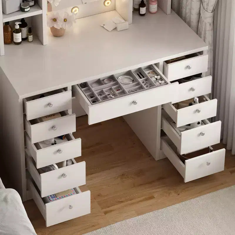 Makeup Vanity Table with 11 Drawers, Bedside Cabinet Vanity Desk with Touch Control Brightness Adjustable LED Mirror, Hidden Wiring