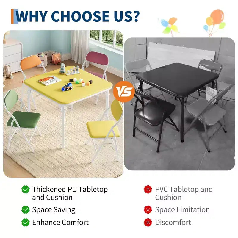 5-Piece Kids Folding Table and Chairs Set, Toddlers Children's Activity Table and Chairs Set for Dining Room, Daycare, Classrooms