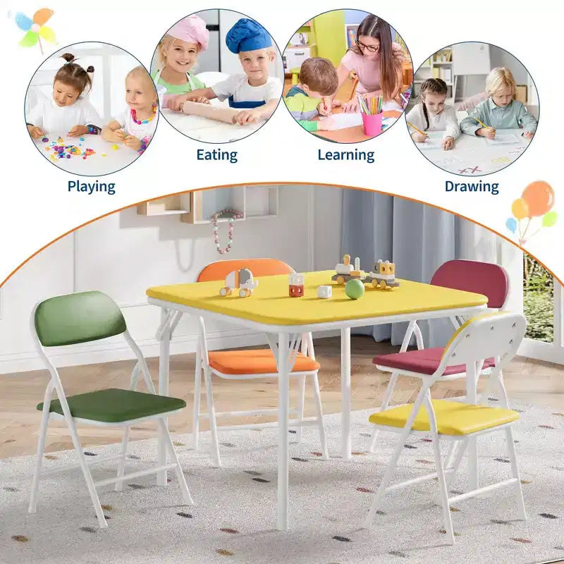 5-Piece Kids Folding Table and Chairs Set, Toddlers Children's Activity Table and Chairs Set for Dining Room, Daycare, Classrooms