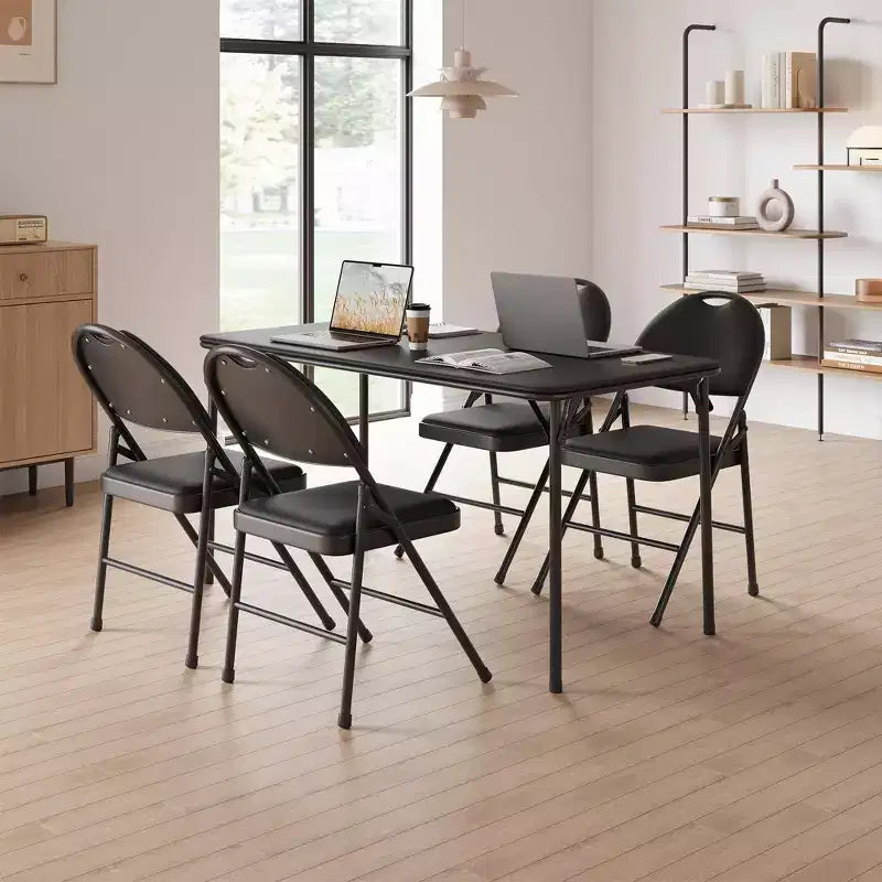 4 Pack Black Folding Chairs,Folding Chairs Set of 4 with Padded Seats, Cotton Linen Fabric Foldable Dining Chairs for Guests Kitchen Office