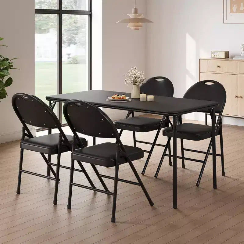 4 Pack Black Folding Chairs,Folding Chairs Set of 4 with Padded Seats, Cotton Linen Fabric Foldable Dining Chairs for Guests Kitchen Office