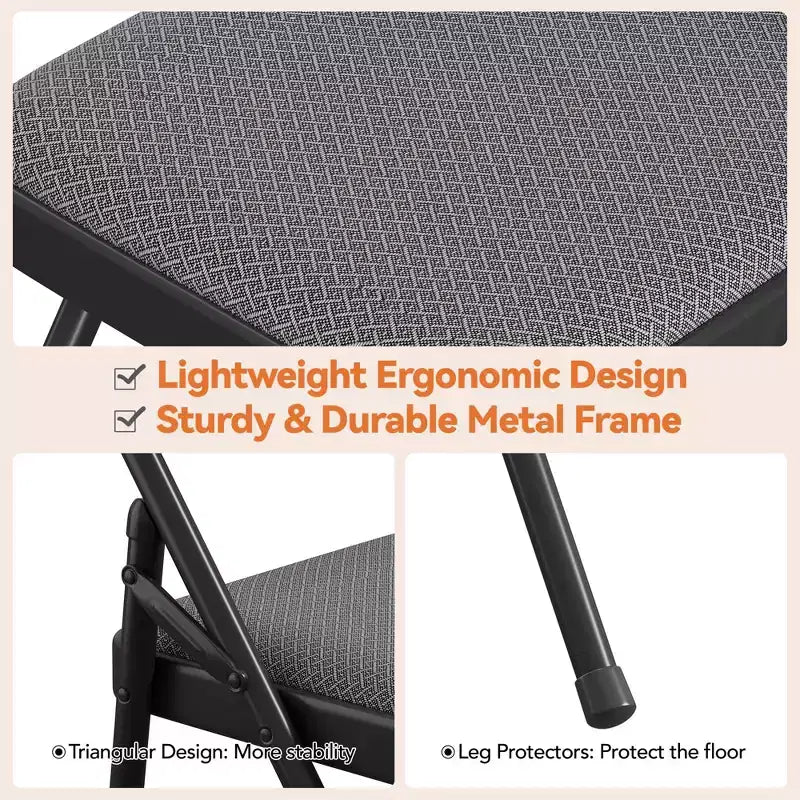 4 Pack Black Folding Chairs,Folding Chairs Set of 4 with Padded Seats, Cotton Linen Fabric Foldable Dining Chairs for Guests Kitchen Office