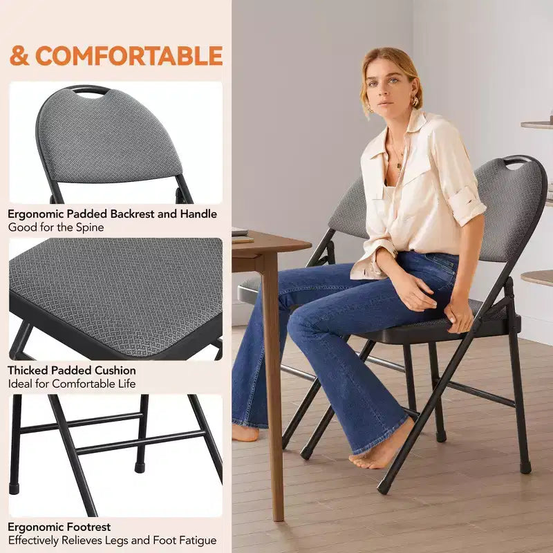 4 Pack Black Folding Chairs,Folding Chairs Set of 4 with Padded Seats, Cotton Linen Fabric Foldable Dining Chairs for Guests Kitchen Office