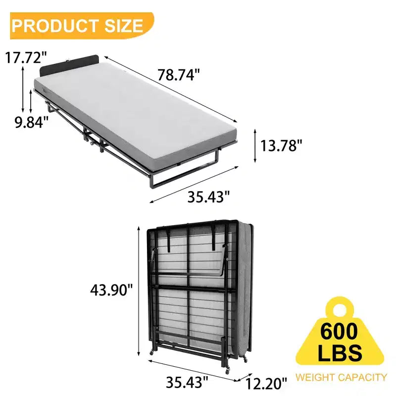 Bellemave Metal Folding Bed Frame with Foam Mattress of Pockets, Easy Storage and Movable with 4 Castors