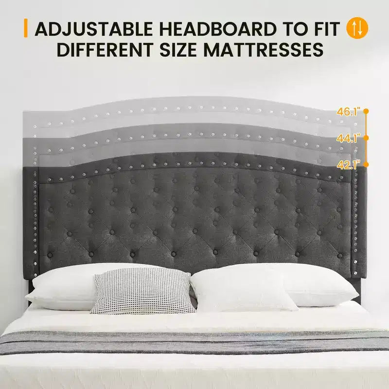 Bed Frame, Adjustable Headboard, Button Tufted Design, Wood Slats Support, No Box Spring Needed, Easy Assembly