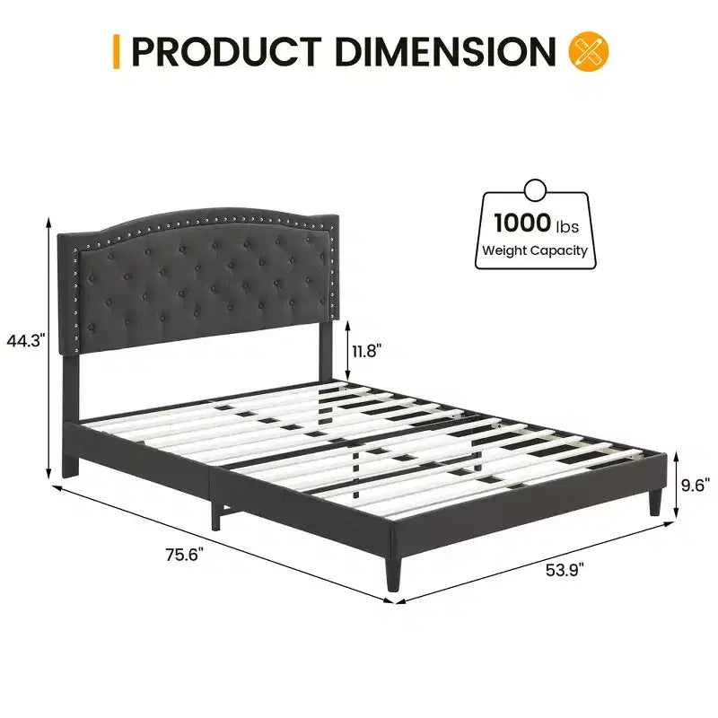 Bed Frame, Adjustable Headboard, Button Tufted Design, Wood Slats Support, No Box Spring Needed, Easy Assembly