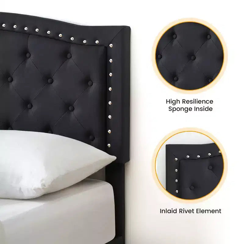 Bed Frame, Adjustable Headboard, Button Tufted Design, Wood Slats Support, No Box Spring Needed, Easy Assembly
