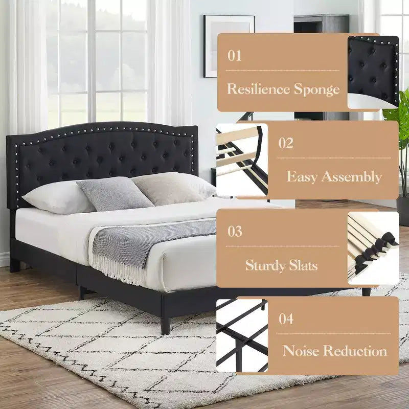 Bed Frame, Adjustable Headboard, Button Tufted Design, Wood Slats Support, No Box Spring Needed, Easy Assembly