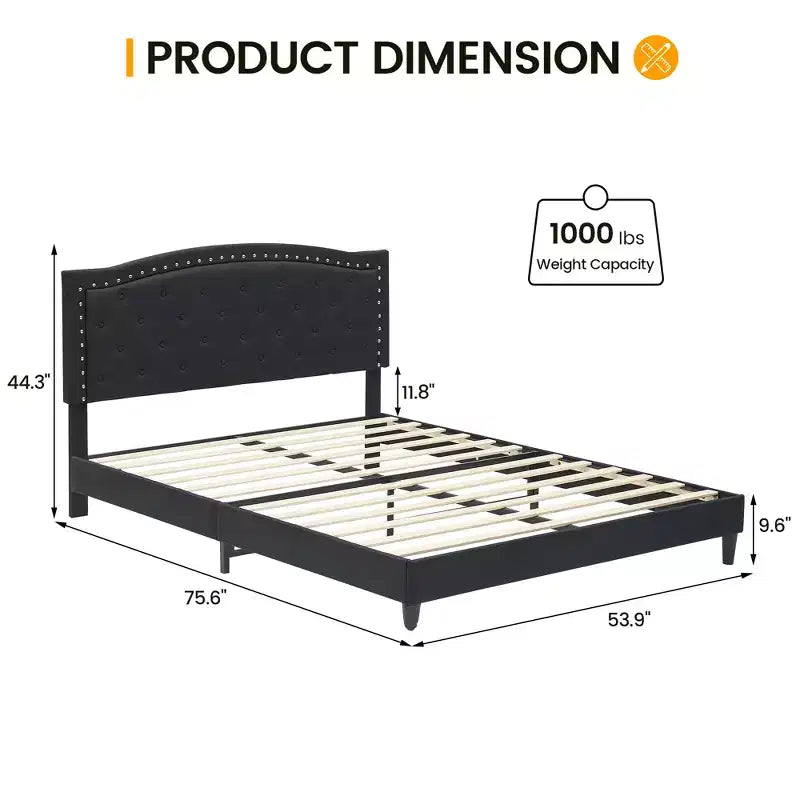 Bed Frame, Adjustable Headboard, Button Tufted Design, Wood Slats Support, No Box Spring Needed, Easy Assembly