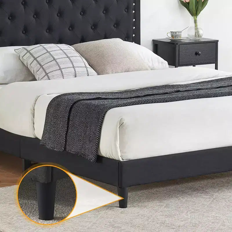 Bed Frame, Adjustable Headboard, Button Tufted Design, Wood Slats Support, No Box Spring Needed, Easy Assembly