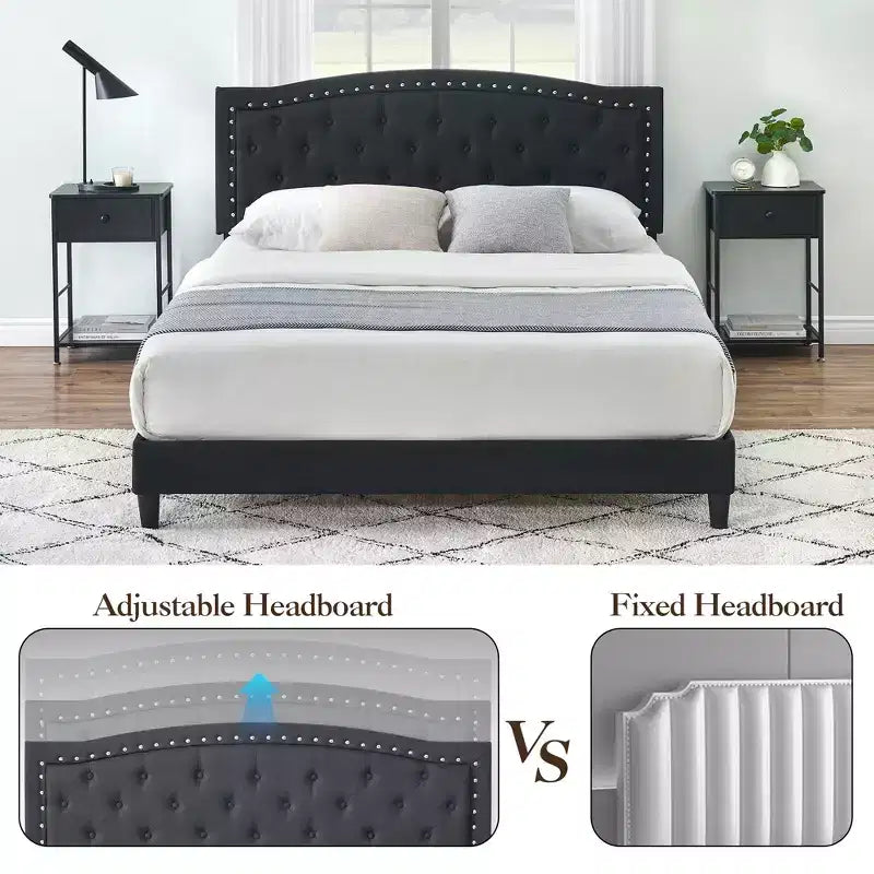 Bed Frame, Adjustable Headboard, Button Tufted Design, Wood Slats Support, No Box Spring Needed, Easy Assembly