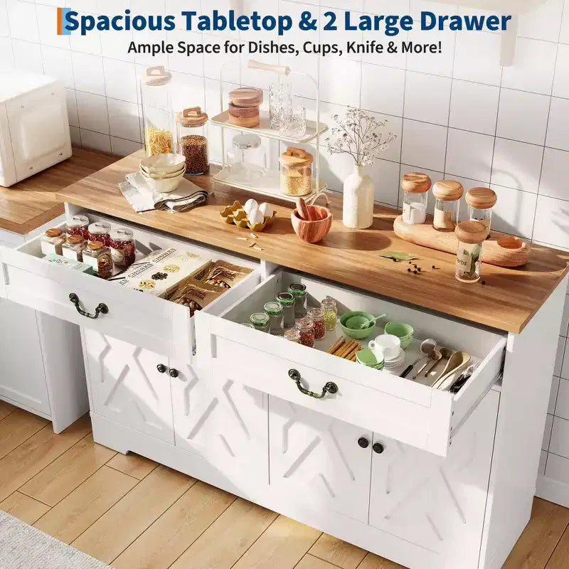 Farmhouse Coffee Bar Cabinet with 2 Doors & Drawer, Kitchen Storage Buffet Sideboard, Adjustable Shelf, 150 LB Capacity, Easy Assembly for Dining Room