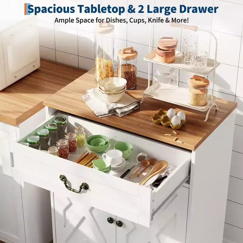 Farmhouse Coffee Bar Cabinet with 2 Doors & Drawer, Kitchen Storage Buffet Sideboard, Adjustable Shelf, 150 LB Capacity, Easy Assembly for Dining Room