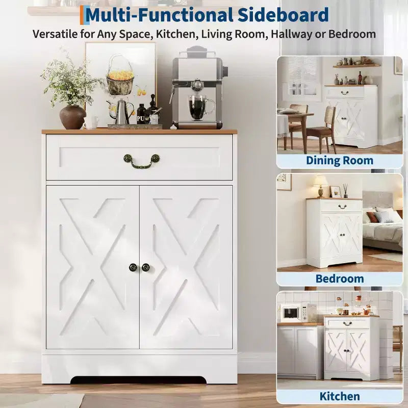 Farmhouse Coffee Bar Cabinet with 2 Doors & Drawer, Kitchen Storage Buffet Sideboard, Adjustable Shelf, 150 LB Capacity, Easy Assembly for Dining Room