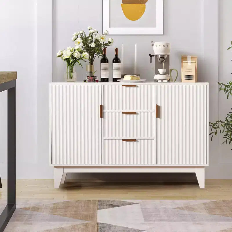 Fluted Sideboard Buffet Cabinet, 47.2in Large Accent Coffee Bar Cupboard Storage Cabinet with 3 Drawers 2 Doors for Kitchen Living Room Entryway