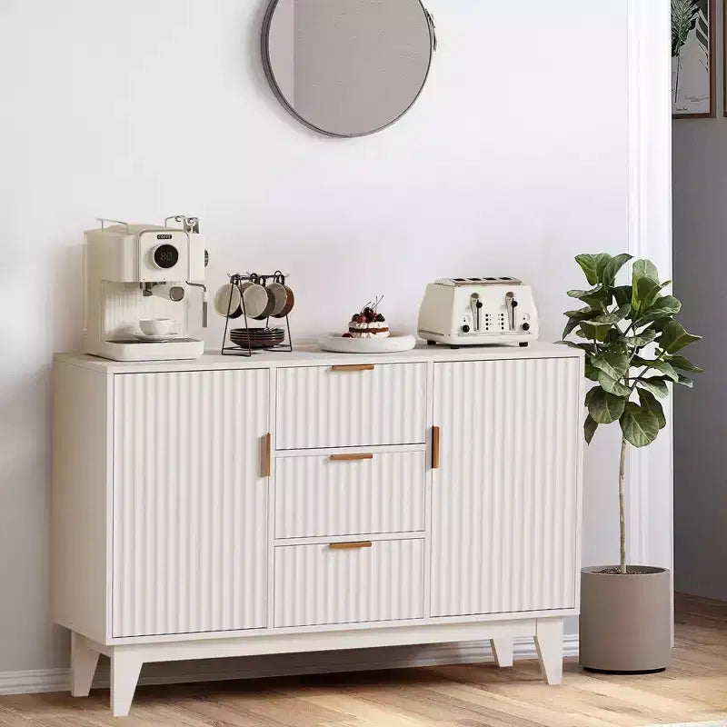 Fluted Sideboard Buffet Cabinet, 47.2in Large Accent Coffee Bar Cupboard Storage Cabinet with 3 Drawers 2 Doors for Kitchen Living Room Entryway